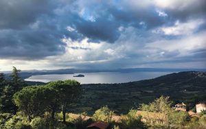 Vista panoramica di un lago con cielo nuvoloso.