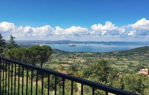Vista panoramica su lago e campagna con cielo nuvoloso.